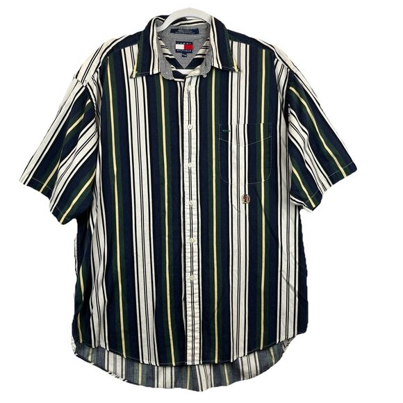 Tommy Hilfiger Other - Vintage 90s Tommy Hilfiger Men's Shirt XL SS Button Up Crest Stripes Preppy Logo